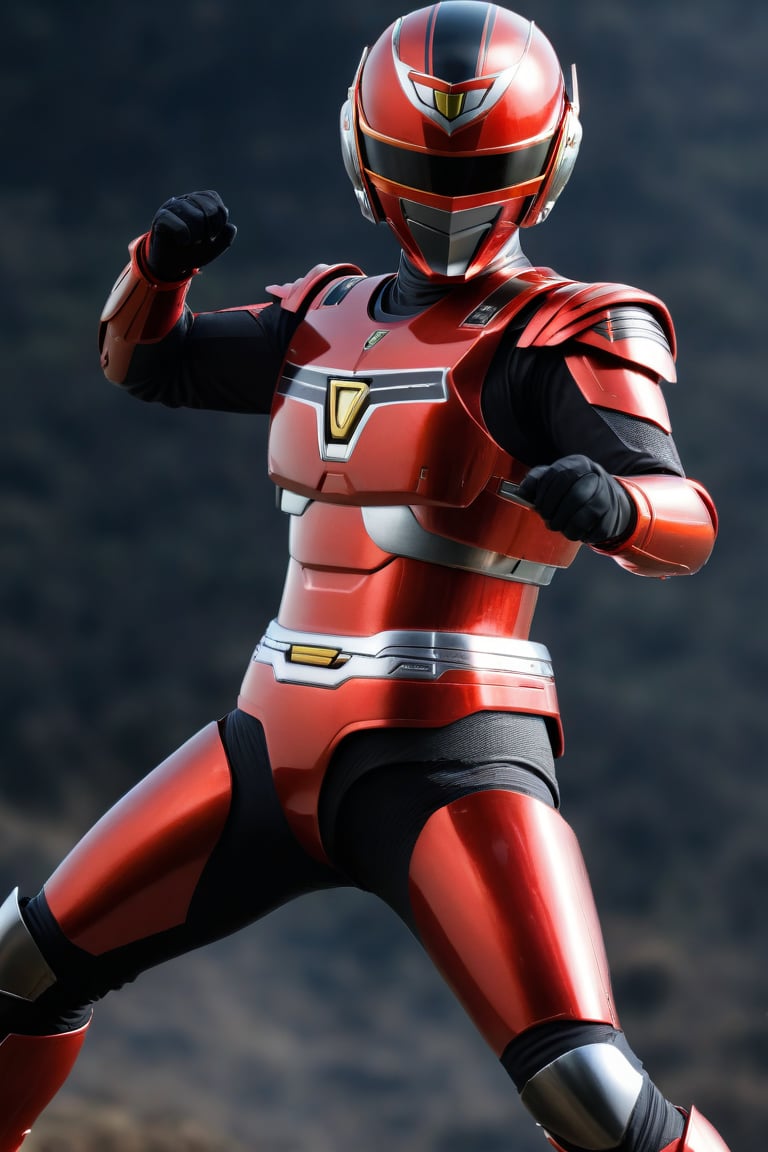 1man, solo, helmet, armor, red color, black color, action_pose, dynamic pose, tokusatsu, (8K, ultra-detailed, masterpiece, best quality, detailed, highly detailed, sharp focus) , (medium shot:1.3), (wide angle), (look at viewer:1.3),More Detail, ,uchuukeiji