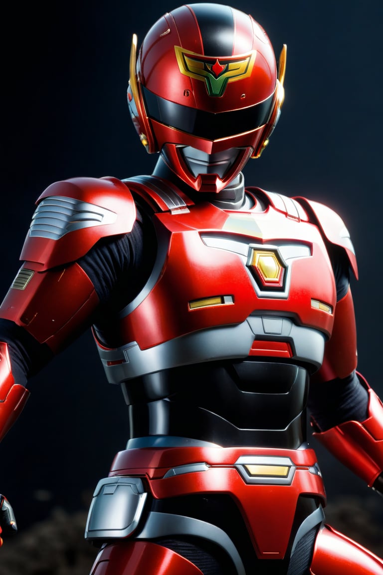  In a dynamic medium shot (1.3), the solo figure of Uchuukeiji stands out against a dark background with a wide-angle lens. He wears a suit of armor adorned with red accents, his helmet gleaming in high contrast to his black attire. In a powerful action pose, he gazes directly at the viewer (1.3) with an intense expression, his eyes burning with a fiery passion. The ultra-detailed 8K masterclass image is rendered with sharp focus, showcasing every detail of this tokusatsu hero's heroic stance.