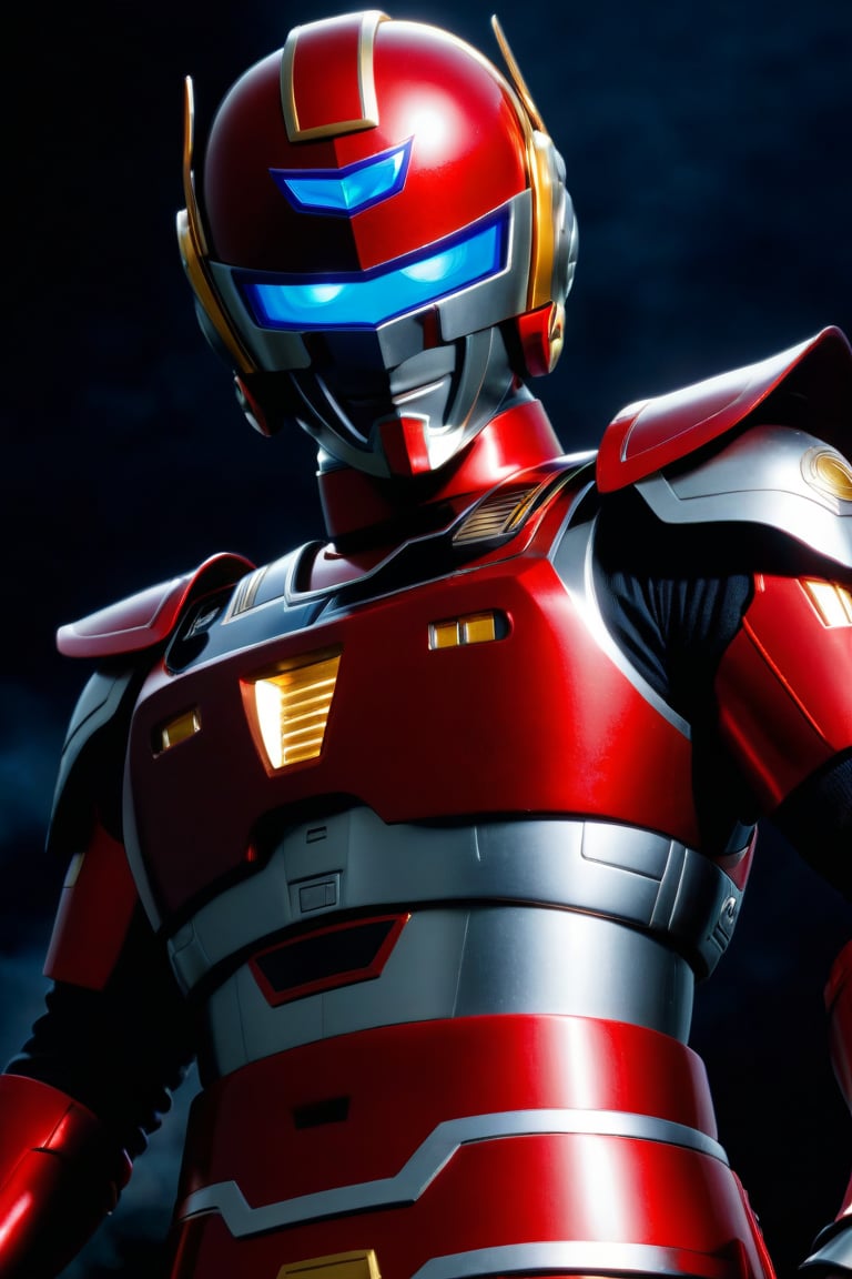  In a dynamic medium shot (1.3), the solo figure of Uchuukeiji stands out against a dark background with a wide-angle lens. He wears a suit of armor adorned with red accents, his helmet gleaming in high contrast to his black attire. In a powerful action pose, he gazes directly at the viewer (1.3) with an intense expression, his eyes burning with a fiery passion. The ultra-detailed 8K masterclass image is rendered with sharp focus, showcasing every detail of this tokusatsu hero's heroic stance.,uchuukeiji