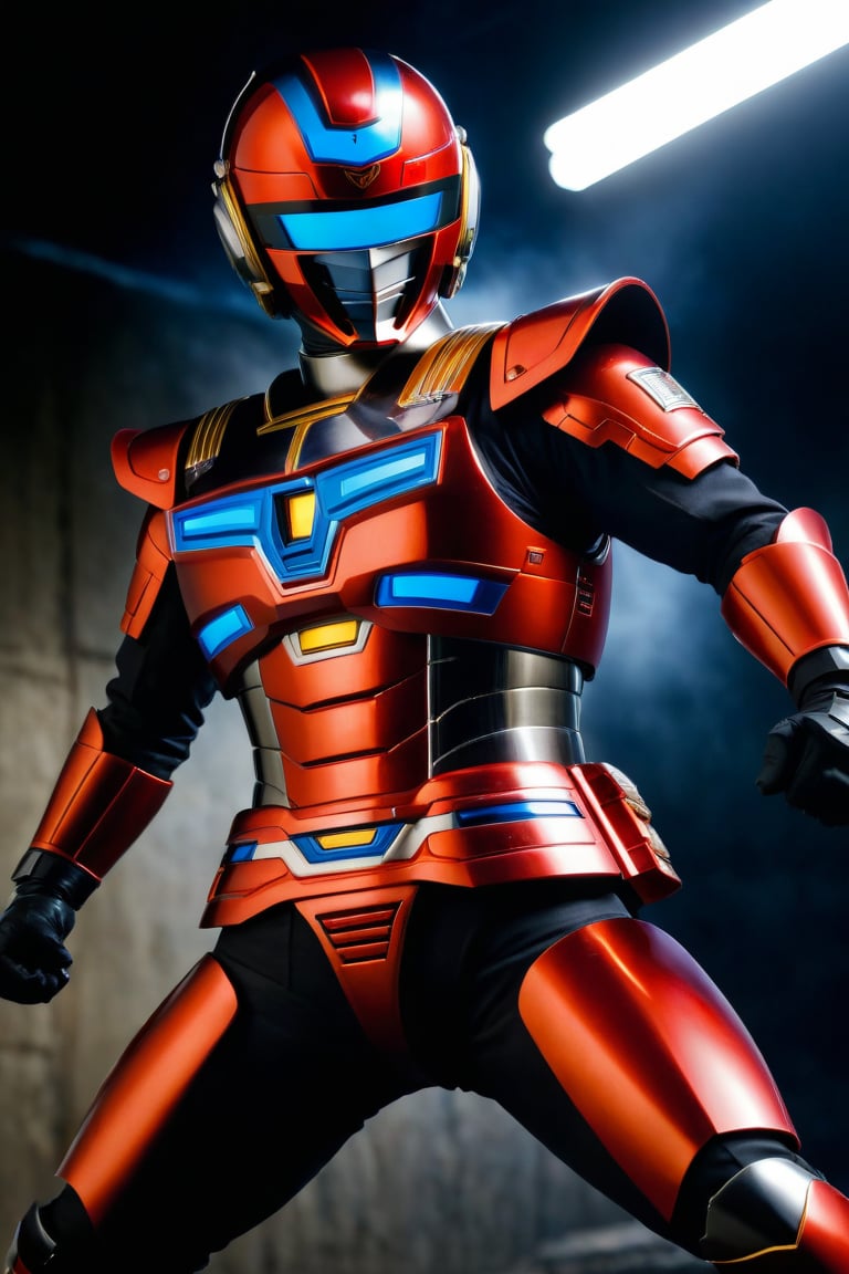  In a dynamic medium shot (1.3), the solo figure of Uchuukeiji stands out against a dark background with a wide-angle lens. He wears a suit of armor adorned with red accents, his helmet gleaming in high contrast to his black attire. In a powerful action pose, he gazes directly at the viewer (1.3) with an intense expression, his eyes burning with a fiery passion. The ultra-detailed 8K masterclass image is rendered with sharp focus, showcasing every detail of this tokusatsu hero's heroic stance.,uchuukeiji