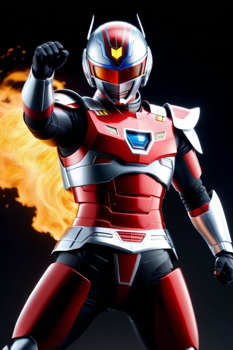  In a dynamic medium shot (1.3), the solo figure of Uchuukeiji stands out against a dark background with a wide-angle lens. He wears a suit of armor adorned with red accents, his helmet gleaming in high contrast to his black attire. In a powerful action pose, he gazes directly at the viewer (1.3) with an intense expression, his eyes burning with a fiery passion. The ultra-detailed 8K masterclass image is rendered with sharp focus, showcasing every detail of this tokusatsu hero's heroic stance.,uchuukeiji