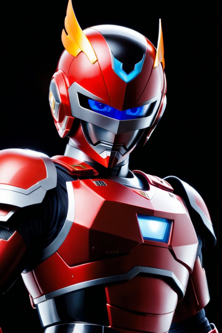  In a dynamic medium shot (1.3), the solo figure of Uchuukeiji stands out against a dark background with a wide-angle lens. He wears a suit of armor adorned with red accents, his helmet gleaming in high contrast to his black attire. In a powerful action pose, he gazes directly at the viewer (1.3) with an intense expression, his eyes burning with a fiery passion. The ultra-detailed 8K masterclass image is rendered with sharp focus, showcasing every detail of this tokusatsu hero's heroic stance.,uchuukeiji