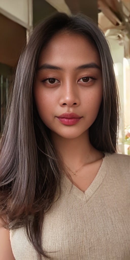 Generate hyper realistic image of a Indonesian woman with long hair, gazing directly at the viewer with brown eyes. Her parted lips hint at a subtle expression of tranquility, This portrait captures the essence of a calm and captivating moment.