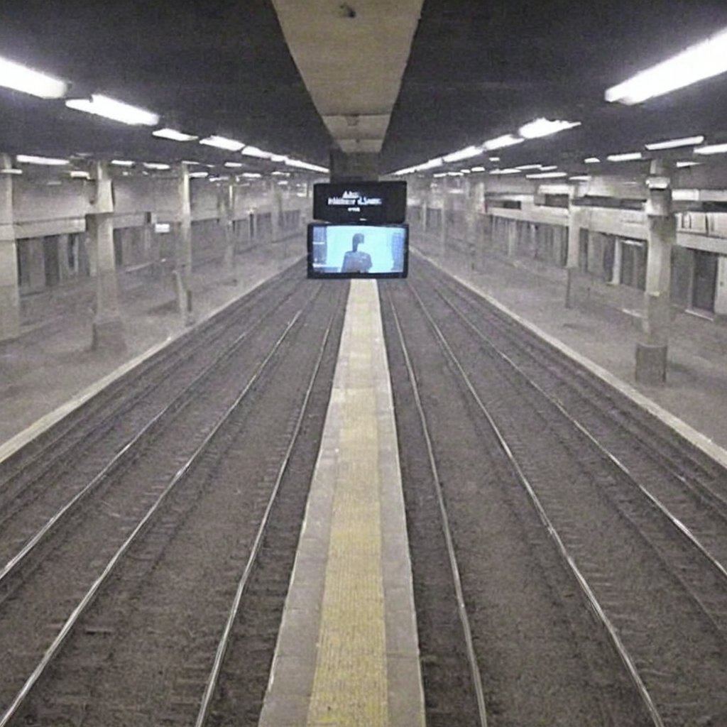 old vhs cam recorder footage of a subway station, futuristic