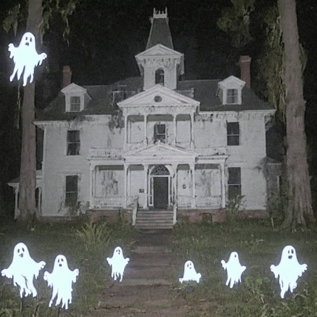 old vhs cam recorder footage of a haunted mansion infested with glowing ghosts
