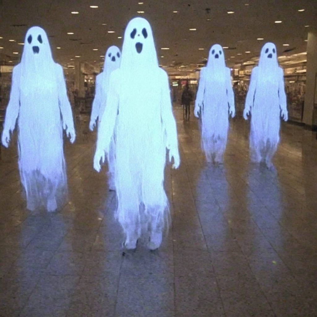 old vhs cam recorder footage of a shopping mall infested with glowing  ghosts
