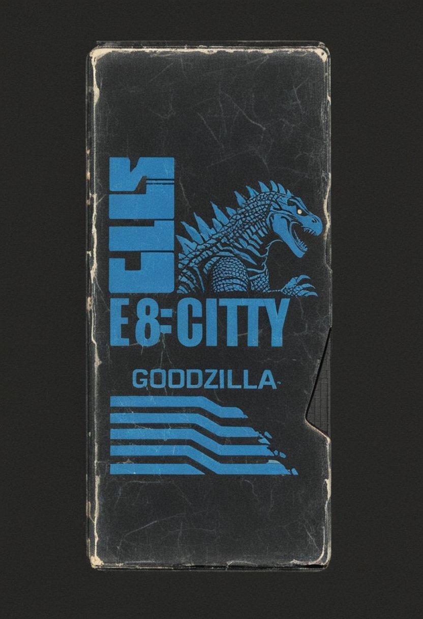 vhs-box, english text, vhs casette, "Godzilla" text logo, blue stripe, city theme, godzilla image logo logo, vhs black case, E-180, retrowave, logo parody, VHS