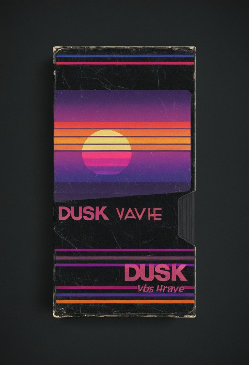 vhs-box, text focus, english text, vhs casette, "DUSK" logo, purple stripe, sunset theme, text logo, vhs black case, E-180, retrowave, logo parody, VHS, HIGH QUALITY (text), handwriting, masking tape overlay, 1980s theme, outrun, vaporwave
