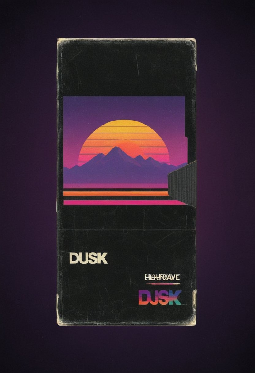vhs-box, text focus, english text, vhs casette, "DUSK" logo, purple stripe, sunset theme, text logo, vhs black case, E-180, retrowave, logo parody, VHS, HIGH QUALITY (text), handwriting, masking tape overlay, 1980s theme, outrun, vaporwave
