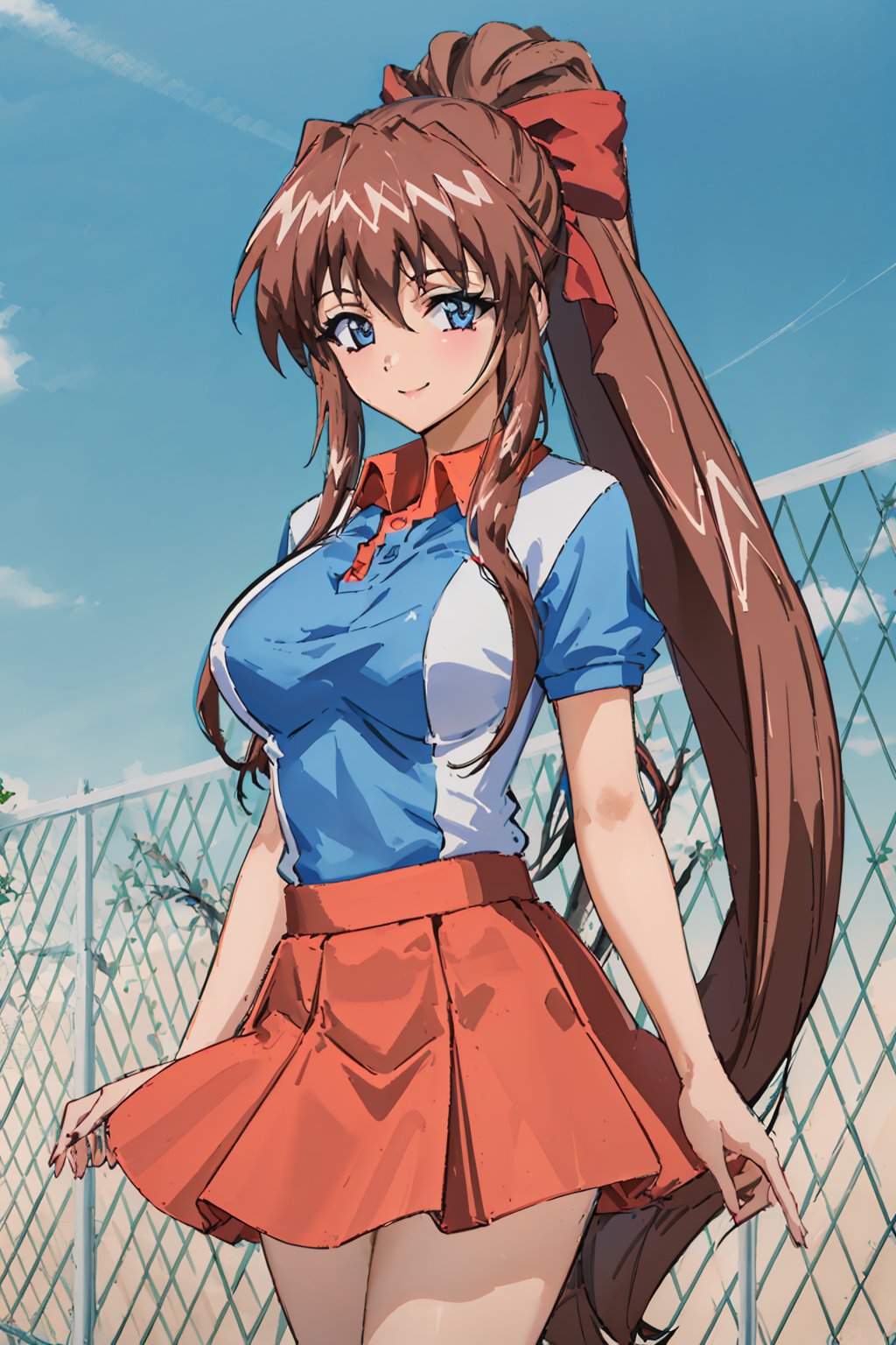 aoitennis, 1girl, solo, 
blue eyes, hair bow, 
tennis uniform, 
polo shirt, 
raglan sleeves, pleated skirt, red skirt, 
fence, v arms, smile, closed mouth,
short sleeves 

tree, sky, 

looking at viewer, 
smile, abstract 
background, cowboy shot,  ,SFW,chibi