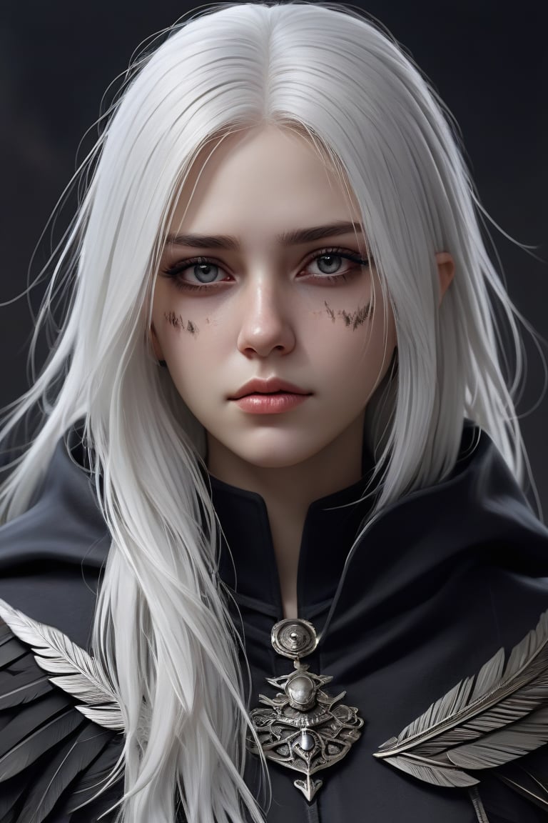 high quality, high detail, masterpiece, beautiful, (general plane ), 1 girl, large white hair, dark clothes whit dark feather details, covered eyes with a cloth dark, animeliner, desillusionRGB, portrait, sad, closeup, sci-fi, fantasy,