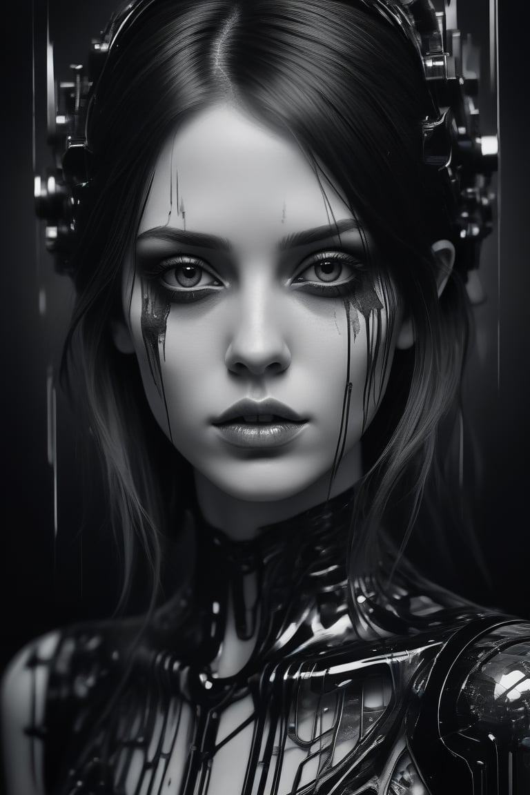 glitch girl, by Anna Dittmann, cgsociety, gothic art, dystopian art, detailed painting, behance hd, deep photography, Ilford HP5 film, crushed blacks, depth of field, dark photo, film grain, shadows, natural light