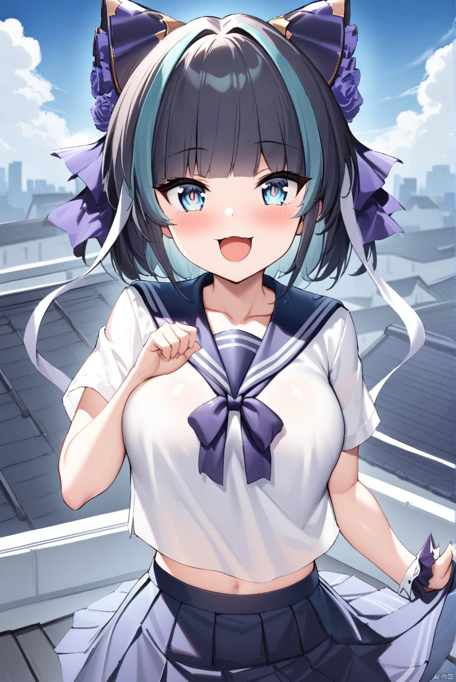 ,cheshire_\(azur_lane\),multicolored_hair,school uniform, serafuku, pleated skirt, rooftop, ;d,, masterpiece, best quality, high contrast,