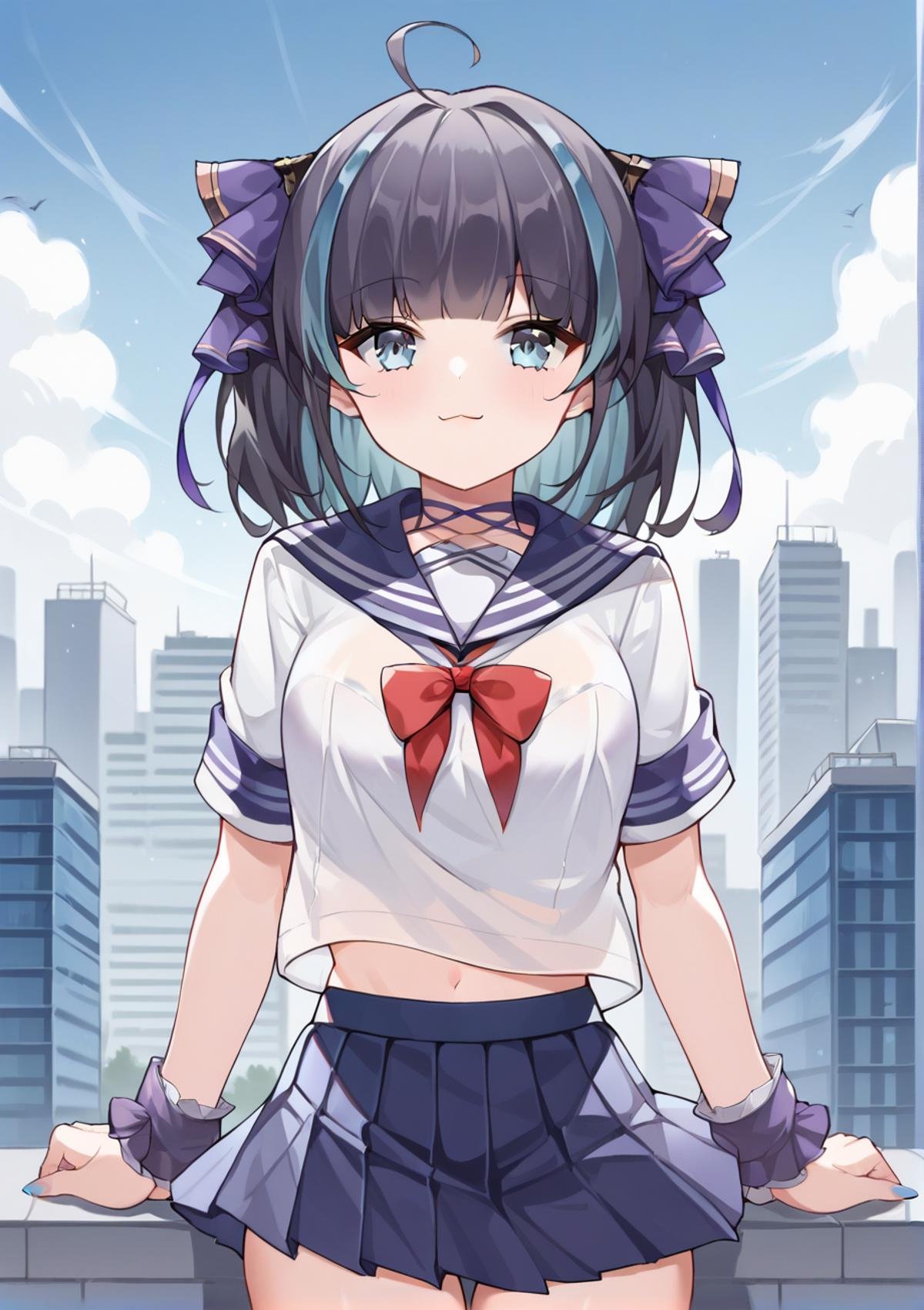 <lora:cheshire_pony_v1.0:0.8>,score_9, score_8_up, score_7_up,  source_anime,cheshire_\(azur_lane\),multicolored_hair,school uniform, serafuku, pleated skirt, rooftop, ;d,