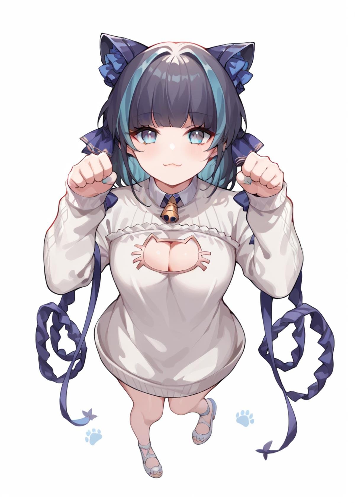 <lora:cheshire_pony_v1.0:0.8>,score_9, score_8_up, score_7_up,  source_anime,cheshire_\(azur_lane\),multicolored_hair,sweater, cat cutout, wariza, white background, paw pose,:3,looking at viewer, from above, 