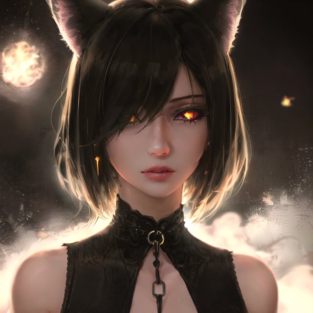 epicDiP, 1girl, catgirl, cat ears, shorthair, hair over one eyes, black hair, golden eyes, cat eyes, slit pupil, glowing eyes, black background, masterpiece, best quality, amazing quality, very aesthetic, absurdres