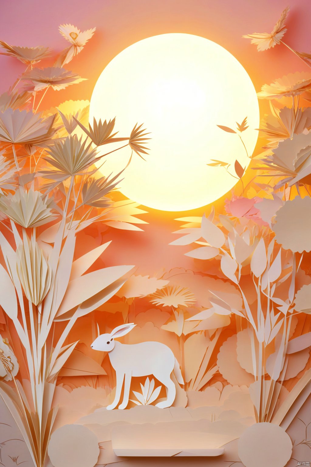 interior design, high definition, 8k, rich details,Paper cutting, rabbit, moon, plants, mural