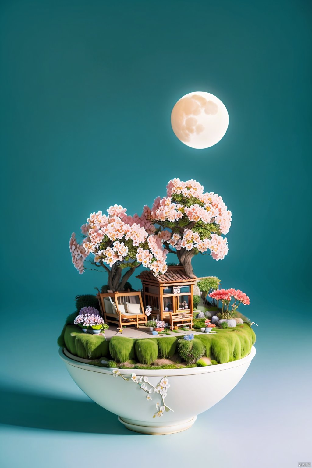 interior design, high definition, 8k, rich details,miniature,micro-landscape,moon,flower,