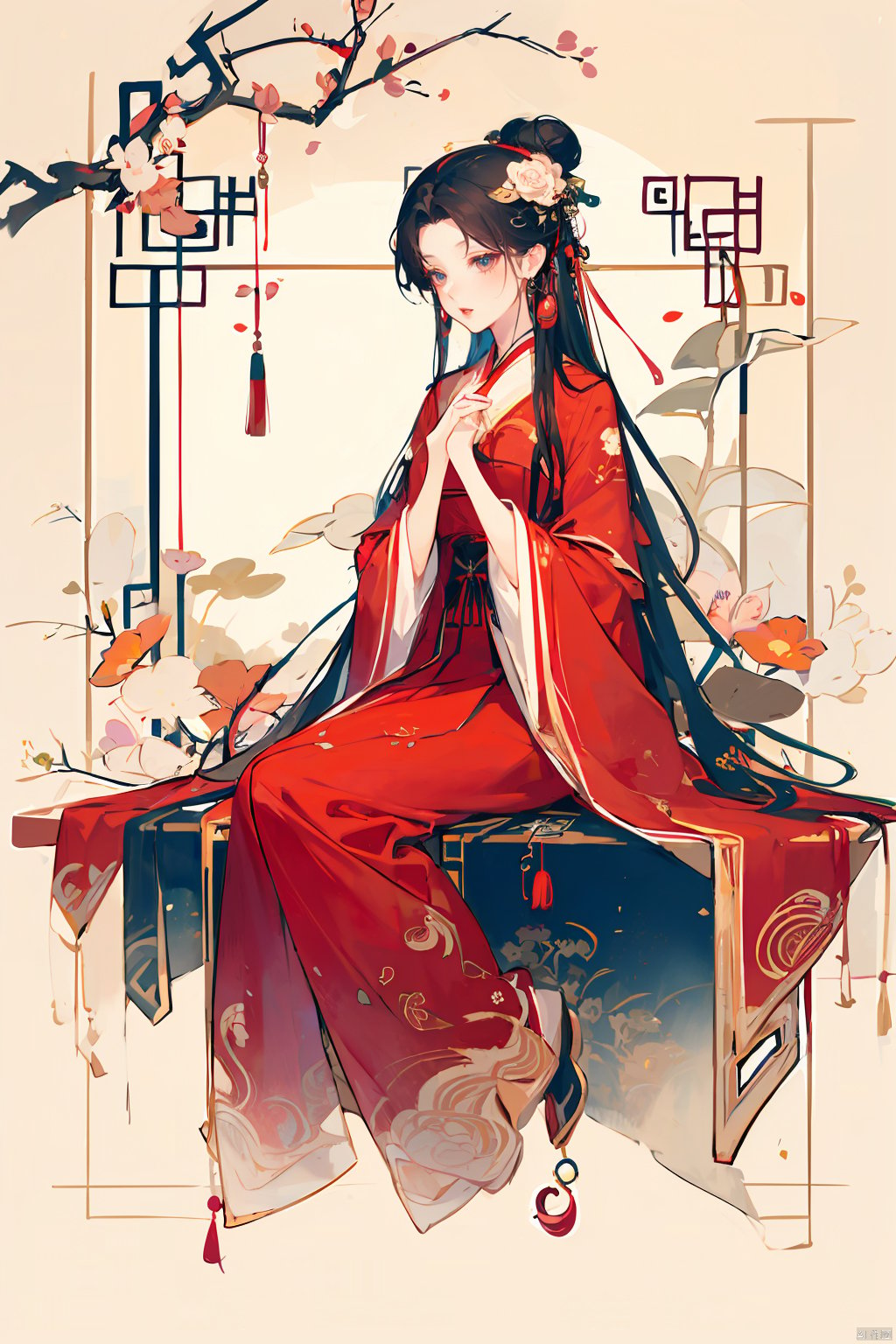 1girl, solo, long hair, black hair, hair ornament, long sleeves, dress, sitting, full body, flower, hair flower, wide sleeves, hair bun, chinese clothes, red dress, own hands together, branch, red lips, hanfu