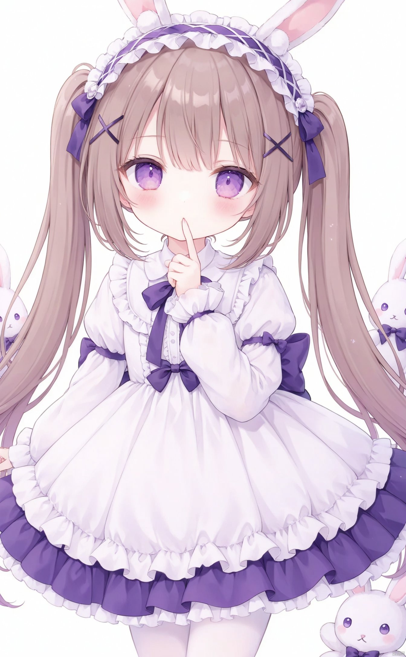  very long hair,twintails,loli,loli,loli,loli,loli,loli,loli,loli,loli,grossissementdedeuxcentsoixantepourcent_portrait,grossissementdedeuxcentsoixantepourcent_portrait,grossissementdedeuxcentsoixantepourcent_portrait,grossissementdedeuxcentsoixantepourcent_portrait,grossissementdedeuxcentsoixantepourcent_portrait,grossissementdedeuxcentsoixantepourcent_portrait,grossissementdedeuxcentsoixantepourcent_portrait,grossissementdedeuxcentsoixantepourcent_portrait,构图-yps98815-1_预览-off, 1girl, white_pantyhose, animal_ears, rabbit_ears, solo, stuffed_toy, pantyhose, long_hair, dress, stuffed_animal, purple_eyes, stuffed_bunny, white_dress, finger_to_mouth, lolita_fashion, brown_hair, blush, long_sleeves, lolita_hairband, hair_ornament, x_hair_ornament, looking_at_viewer, hairband, two_side_up, frills, puffy_sleeves, frilled_hairband, frilled_dress, bow, very_long_hair