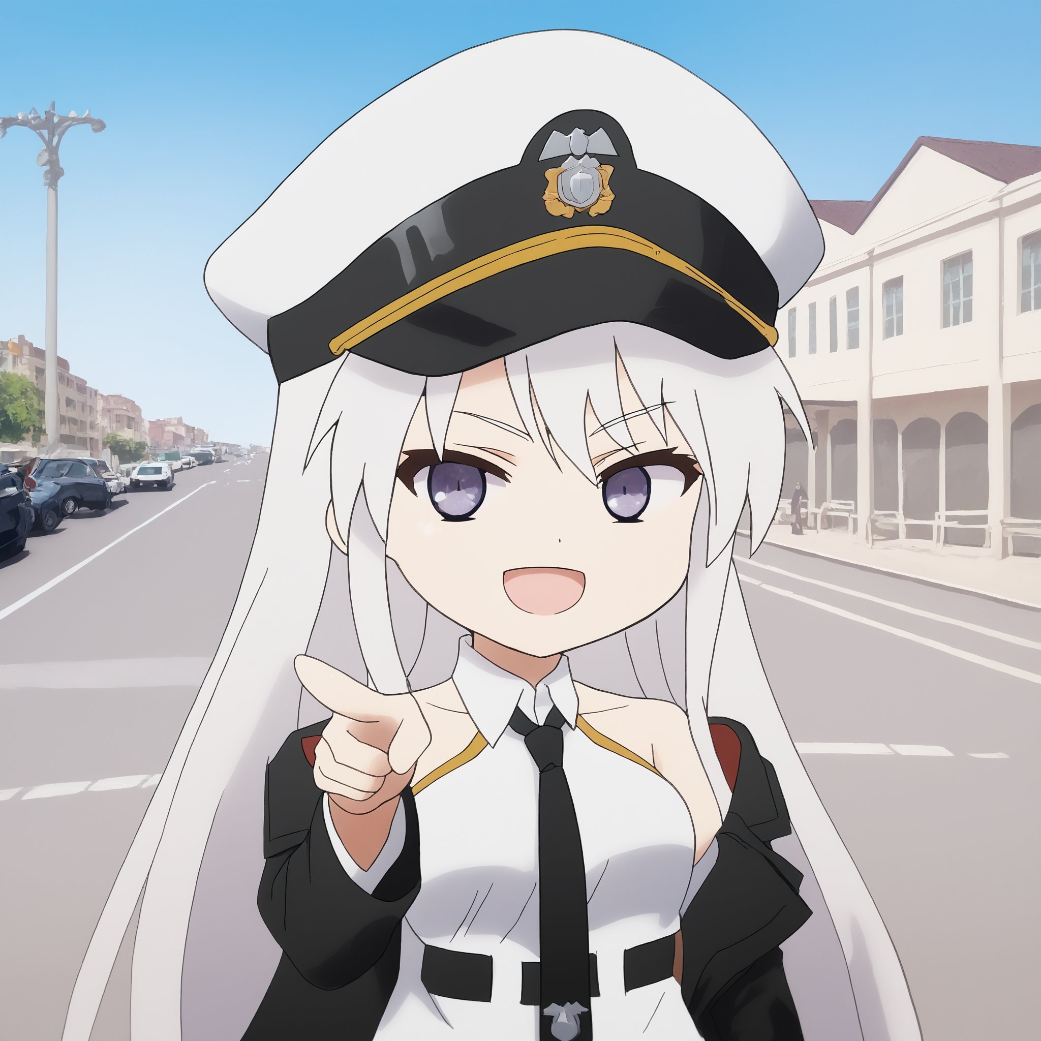 Juustagram style, score_9, score_8_up, score_7_up, score_6_up, source_anime, ( 45-degree angle, below eye level, upper body), ((smile, mouth open, pointing at viewer)), 1girl, solo, chibi, o_enty, default military hat, default shirt, default necktie, default coat, off shoulder, default skirt, (realistic  background, street background, building, police car)