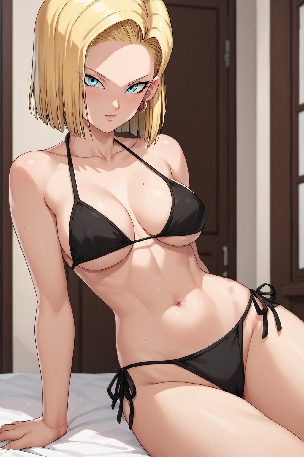 score_9, score_8_up, score_7_up, detailed face, android 18, 1girl, solo, looking at viewer, short hair, blue eyes, blonde hair, black bikini, side-tie_bikini, rating_explicit 