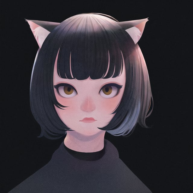 aestheticfi, 1girl, catgirl, cat ears, shorthair, hair over one eyes, black hair, golden eyes, cat eyes, slit pupil, glowing eyes, black background, masterpiece, best quality, amazing quality, very aesthetic, absurdres