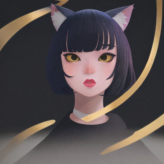 aestheticfi, 1girl, catgirl, cat ears, shorthair, hair over one eyes, black hair, golden eyes, cat eyes, slit pupil, glowing eyes, black background, masterpiece, best quality, amazing quality, very aesthetic, absurdres