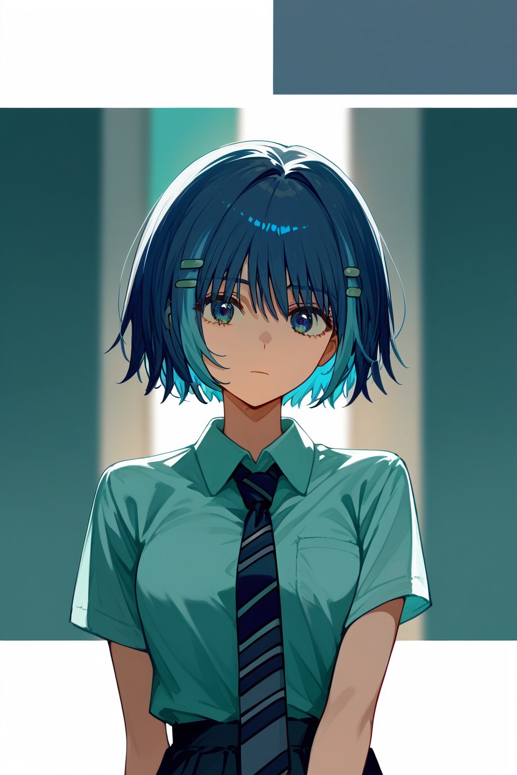 score_9_up,score_8_up, source_anime,solo,1girl,

, short hair, closed mouth, blue hair, collared_shirt,white_shirt,tie,Nira-Chan