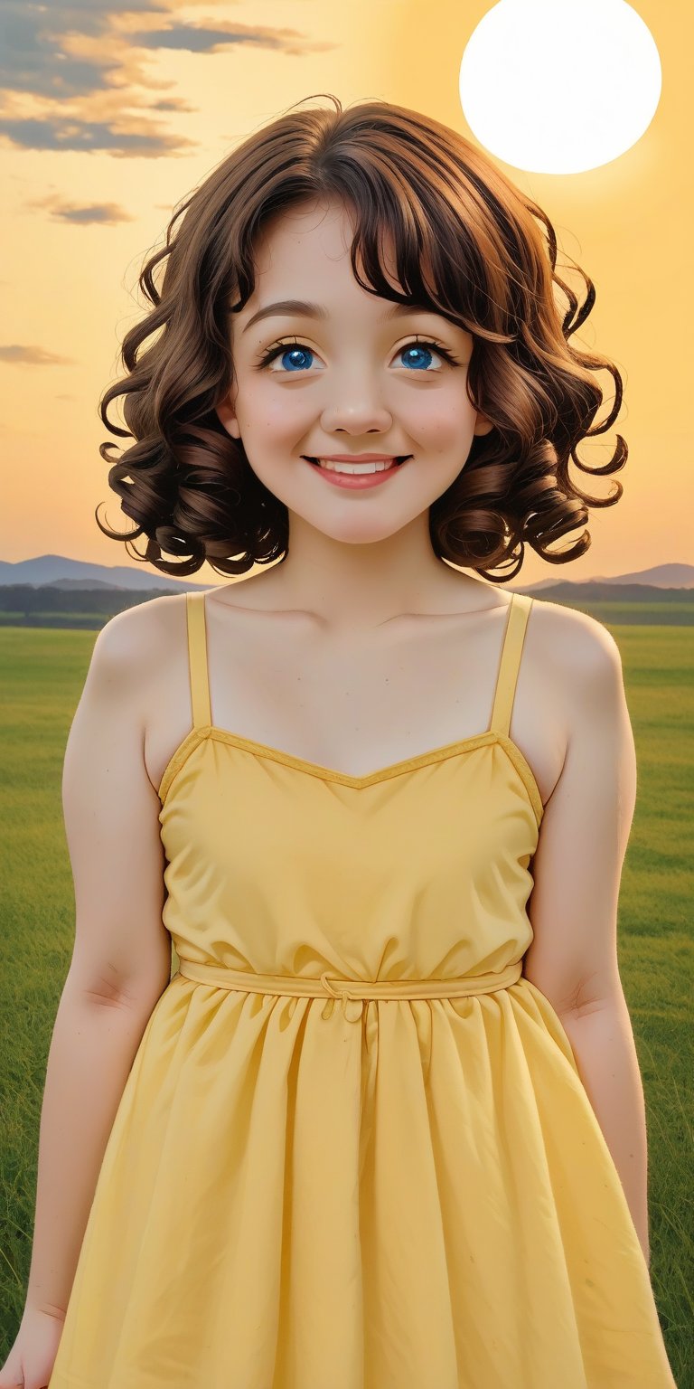 A young girl with curly brown hair and bright blue eyes stands in a sun-drenched meadow, her yellow sundress fluttering gently in the breeze. She gazes up at a fluffy white cloud drifting lazily across the sky, a carefree smile spreading across her face.