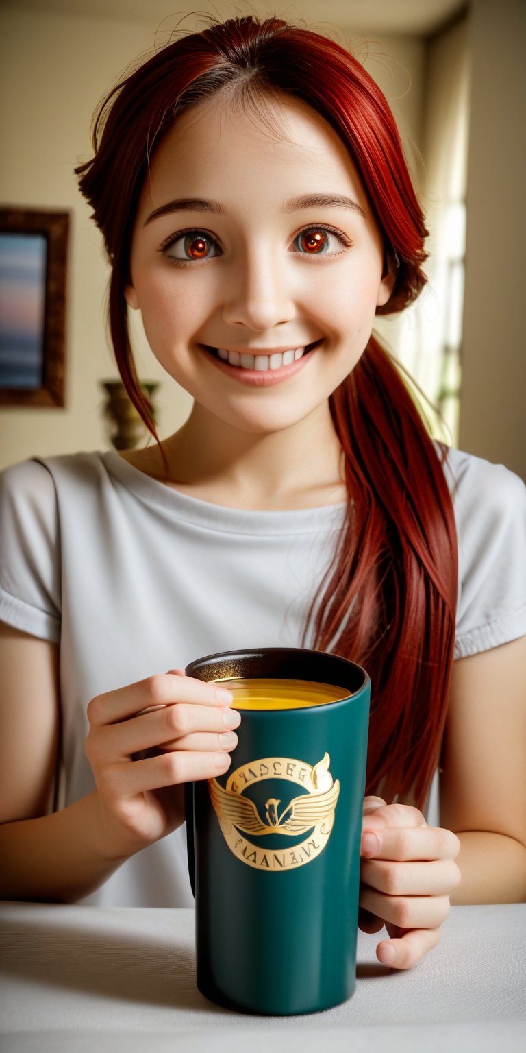 (4k), (masterpiece), (best quality),(extremely intricate), (realistic), (sharp focus), (award winning), (cinematic lighting), (extremely detailed), (epic), 

1girl, long hair, ponytail hair, red hair, honey eyes, cute smile, cute eyes, huge smile, happy, flat chest,
Wearing pyjamas, morning routine, breakfast, coffee,Girl 