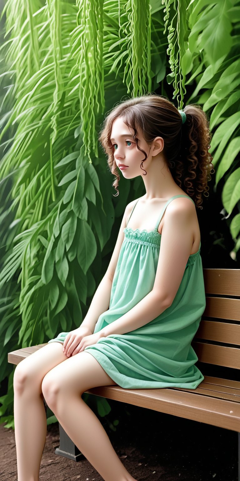 A young girl sits alone on a weathered wooden bench, surrounded by lush greenery and the warm glow of sunset casting long shadows behind her. Her curly hair is tied back in a loose ponytail, and she gazes wistfully into the distance with a hint of curiosity.