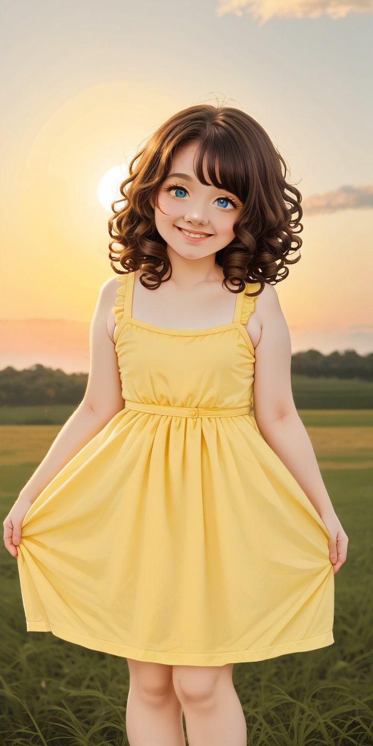 A young girl with curly brown hair and bright blue eyes stands in a sun-drenched meadow, her yellow sundress fluttering gently in the breeze. She gazes up at a fluffy white cloud drifting lazily across the sky, a carefree smile spreading across her face.