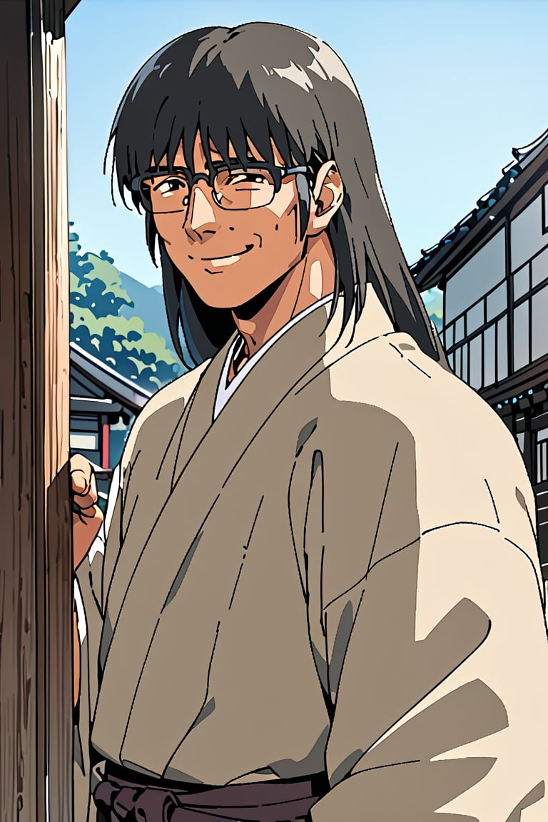 1boy, Ryūji(Night Shift Nurses), solo, 
black hair,long hair, glasses,
black eyes,


japanese_clothes,
scenery,
smile, 


Masterpiece, 4K, ultra detailed, anime style, 
more detail XL, SFW, 
depth of field,
Ink art,