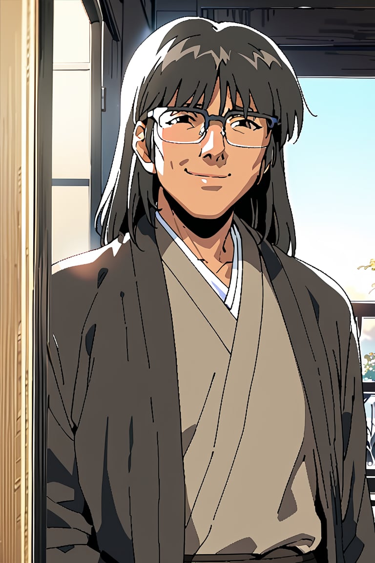 1boy, Ryūji(Night Shift Nurses), solo, 
black hair,long hair, glasses,
black eyes,


japanese_clothes,
scenery,
smile, 


Masterpiece, 4K, ultra detailed, anime style, 
more detail XL, SFW, 
depth of field,
Ink art,