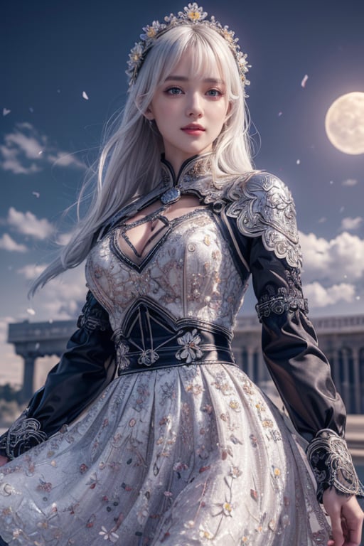 masterpiece, best quality, 1girl, (colorful),(finely detailed beautiful eyes and detailed face),cinematic lighting,bust shot,extremely detailed CG unity 8k wallpaper,white hair,solo,smile,intricate skirt,((flying petal)),(Flowery meadow) sky, cloudy_sky, building, moonlight, moon, night, (dark theme:1.3), light, fantasy