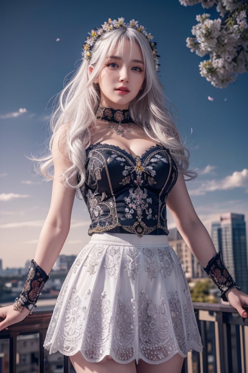 masterpiece, best quality, 1girl, (colorful),(finely detailed beautiful eyes and detailed face),cinematic lighting,bust shot,extremely detailed CG unity 8k wallpaper,white hair,solo,smile,intricate skirt,((flying petal)),(Flowery meadow) sky, cloudy_sky, building, moonlight, moon, night, (dark theme:1.3), light, fantasy