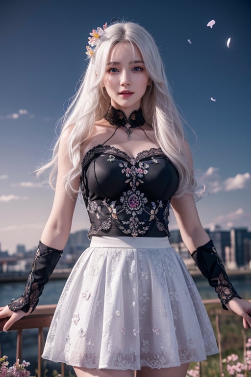 masterpiece, best quality, 1girl, (colorful),(finely detailed beautiful eyes and detailed face),cinematic lighting,bust shot,extremely detailed CG unity 8k wallpaper,white hair,solo,smile,intricate skirt,((flying petal)),(Flowery meadow) sky, cloudy_sky, building, moonlight, moon, night, (dark theme:1.3), light, fantasy