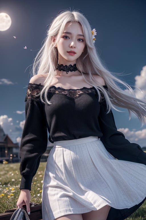 masterpiece, best quality, 1girl, (colorful),(finely detailed beautiful eyes and detailed face),cinematic lighting,bust shot,extremely detailed CG unity 8k wallpaper,white hair,solo,smile,intricate skirt,((flying petal)),(Flowery meadow) sky, cloudy_sky, building, moonlight, moon, night, (dark theme:1.3), light, fantasy