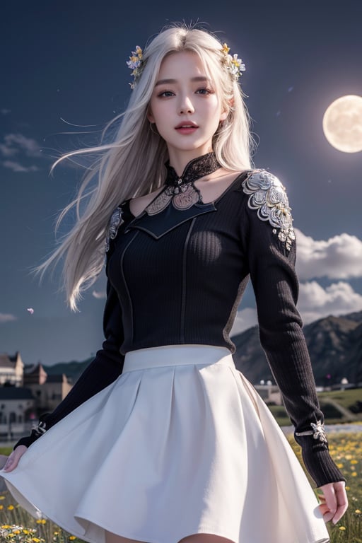 masterpiece, best quality, 1girl, (colorful),(finely detailed beautiful eyes and detailed face),cinematic lighting,bust shot,extremely detailed CG unity 8k wallpaper,white hair,solo,smile,intricate skirt,((flying petal)),(Flowery meadow) sky, cloudy_sky, building, moonlight, moon, night, (dark theme:1.3), light, fantasy