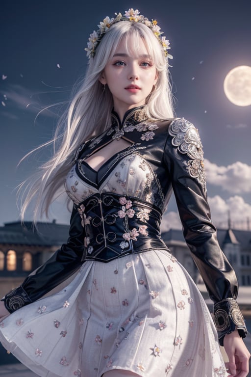 masterpiece, best quality, 1girl, (colorful),(finely detailed beautiful eyes and detailed face),cinematic lighting,bust shot,extremely detailed CG unity 8k wallpaper,white hair,solo,smile,intricate skirt,((flying petal)),(Flowery meadow) sky, cloudy_sky, building, moonlight, moon, night, (dark theme:1.3), light, fantasy