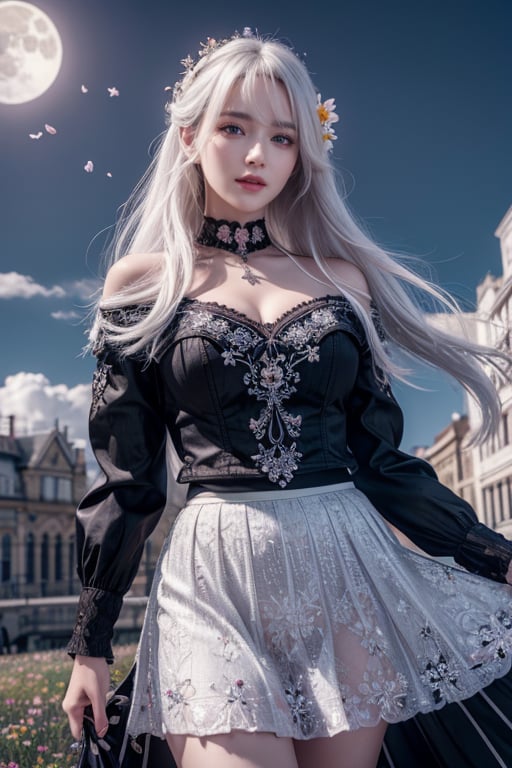 masterpiece, best quality, 1girl, (colorful),(finely detailed beautiful eyes and detailed face),cinematic lighting,bust shot,extremely detailed CG unity 8k wallpaper,white hair,solo,smile,intricate skirt,((flying petal)),(Flowery meadow) sky, cloudy_sky, building, moonlight, moon, night, (dark theme:1.3), light, fantasy