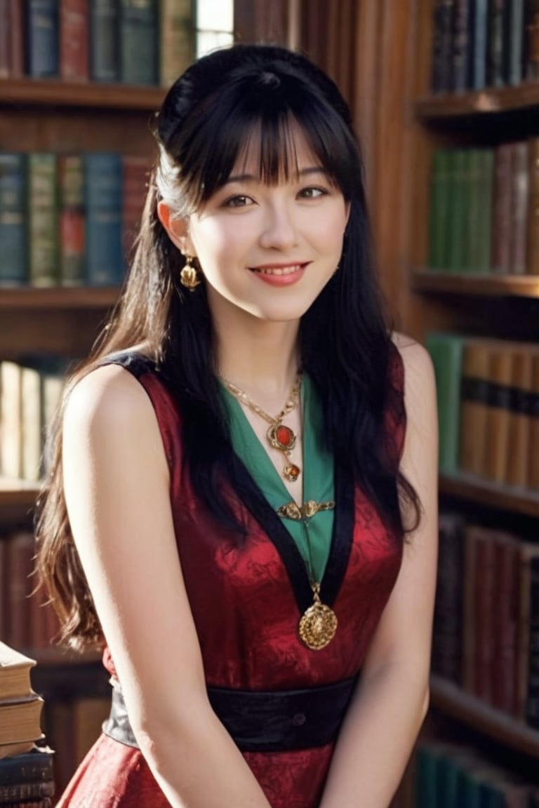 full body shot, 3/4 shot hyper-realistic photograph a young irish woman with jet black long straight hair with bangs., she has light green large round eyes, dark make-up, she wears an elaborate sleeveless mini dress in colors of red and black. elaborate big necklace and long dangle earrings. she has a welcoming closed mouth smile. she is standing near a bookshelf. behind her is a beautiful stained glass window. The golden sunlight seen through the large windows casts a warm, ethereal glow. every detail is captured with stunning clarity. Background Setting at an old, vintage library with thousand's of ancient books on shelves. high-resolution, captured in high-realistic HD.Better photography,real photo/portrait,varied sexy pose with act.,real_booster hands not visible,D@ri919