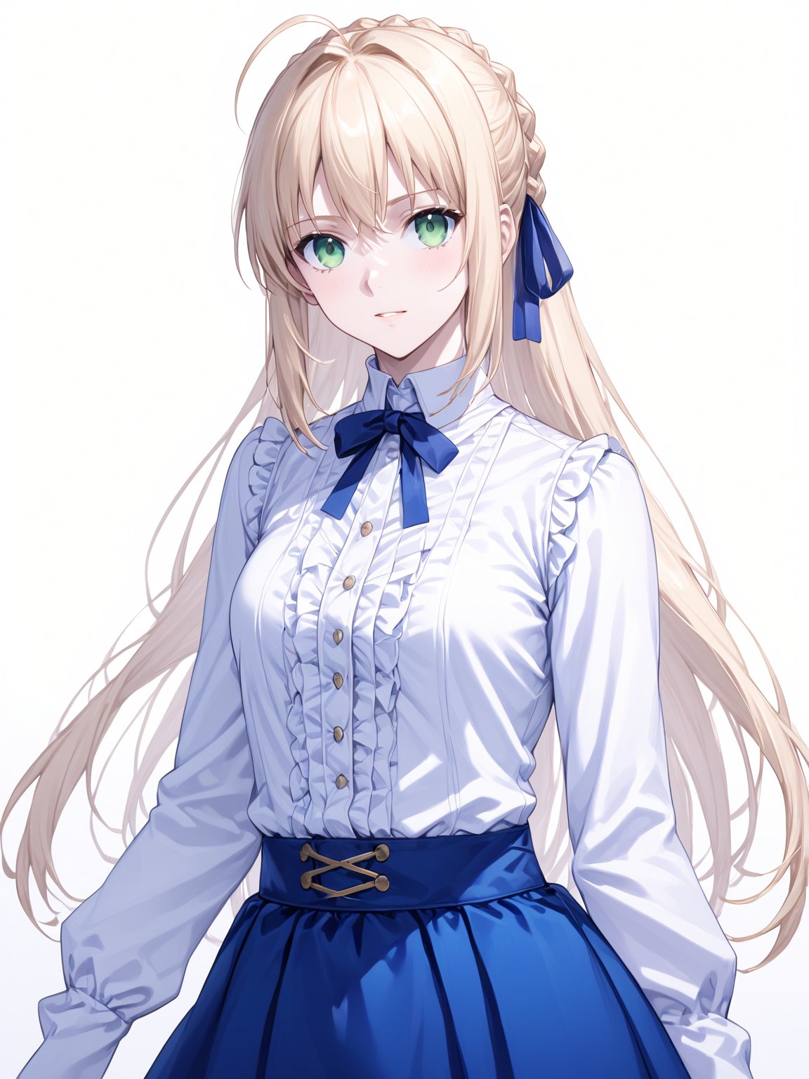 masterpiece, best quality, ultra-high resolution, ultra-high definition, highres
,//Character, 1girl, solo
,//Fashion, 
,//Background, white_background
,//Others, ,Expressiveh,
,ArtoriaPendragon, blonde hair, green eyes, sidelocks, braid, hair bun, ahoge, hair ribbon,
white shirt, blue skirt