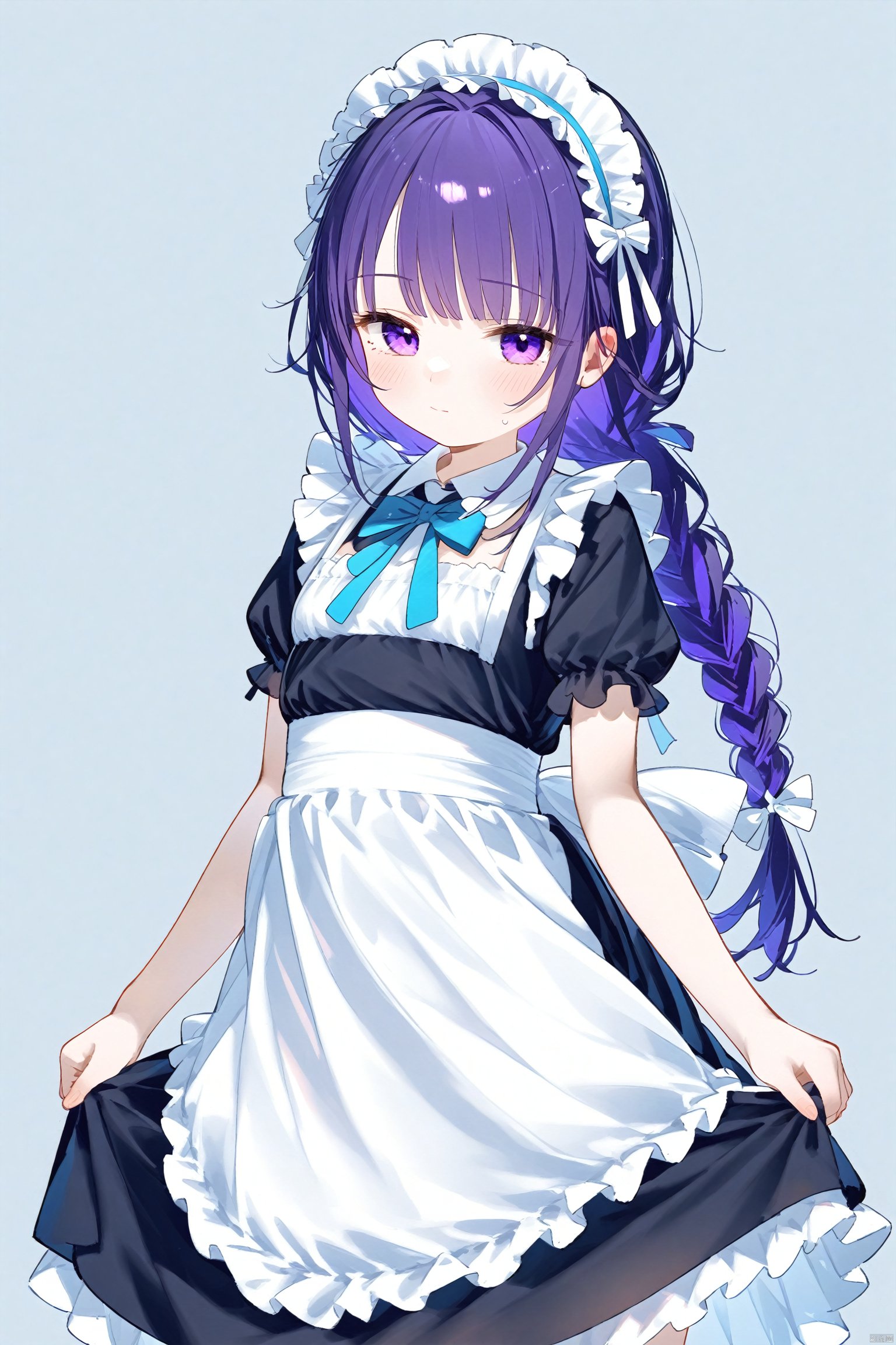 1girl, solo,loli, maid, maid_headdress, hair_ornament, apron, braid, short_sleeves, dress, white_background, looking_at_viewer, alternate_costume, black_dress, puffy_sleeves, frills, simple_background,   blush, mole,  closed_mouth, waist_apron, puffy_short_sleeves, maid_apron, bow, white_bow, braided_ponytail, single_braid,purple hair,purple eyes,