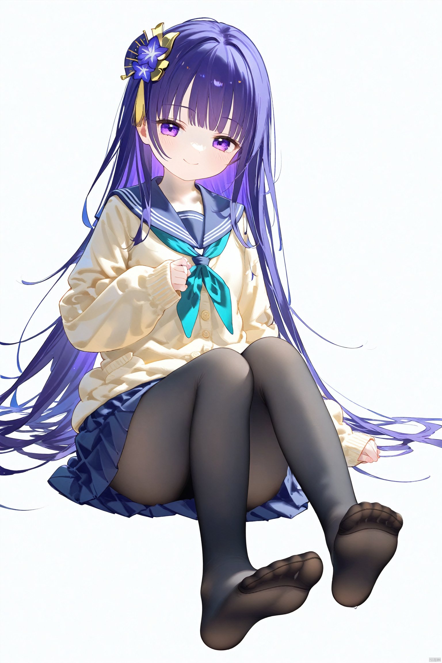 1girl,solo,loli,purple eyes,pantyhose,school uniform,no_shoes,skirt,sitting,smile,black pantyhose,white background,long hair,purple_hair,simple background,blue skirt,looking_at_viewer,serafuku,feet,cardigan,sailor collar,neckerchief,full_body,pleated_skirt,blue_sailor_collar,long_sleeves,closed_mouth,bangs,sleeves_past_wrists,soles,green neckerchief, hair ornament, 