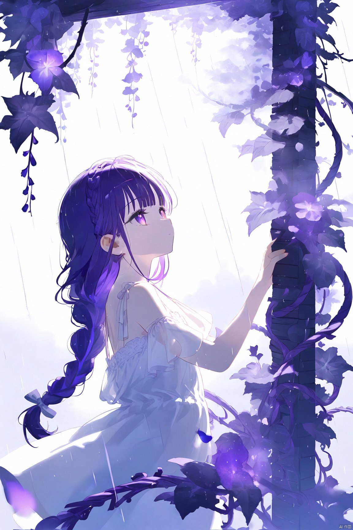 loli,white background,Dundar effect,a lot of purple vines,vines covering half of the painting,delicate plant details,a girl,petite girl,golden pupils,white dress,bare feet,side,side,upper body,head up,sad eyes,rain,light,figure light,petals,purple filter,left,fog,dream,unreal,Blur,float light, braid, mole, braided_ponytail, single_braid,purple hair,purple eyes,1girl