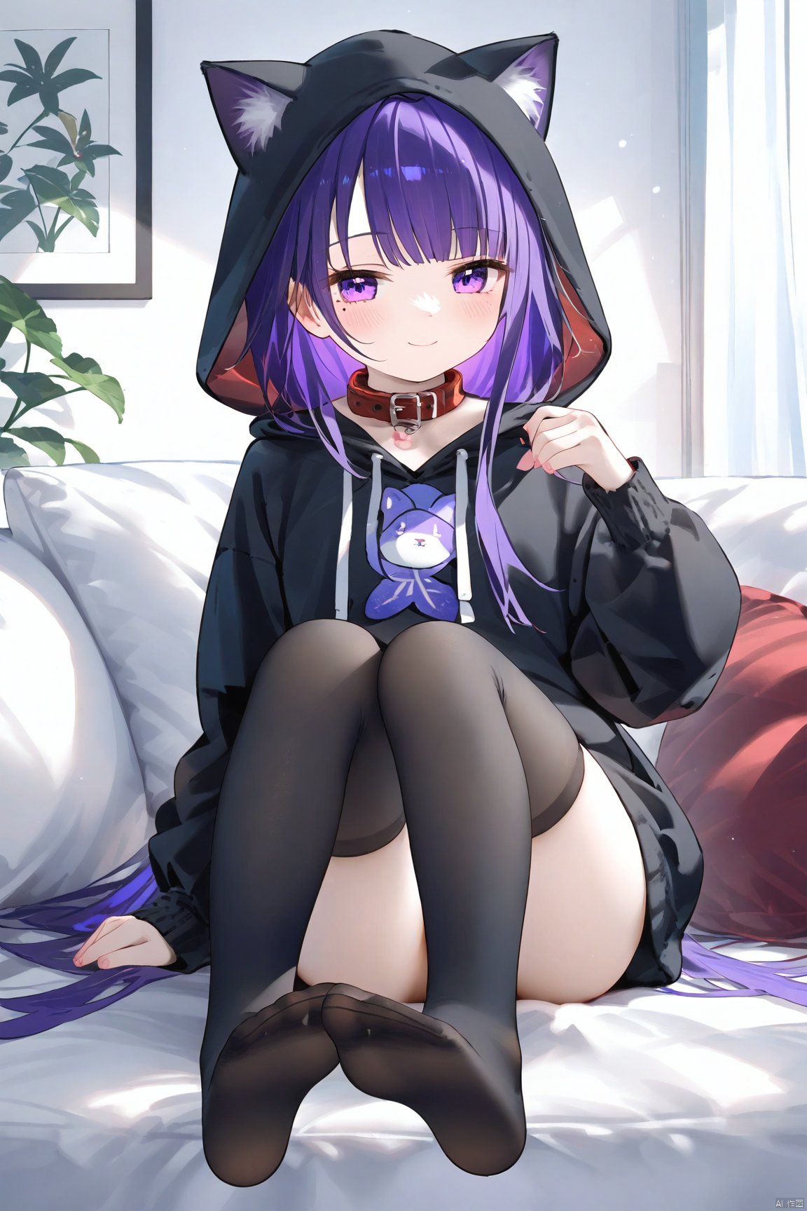 1girl, solo, loli,long hair, looking at viewer, blush, smile, bangs, thighhighs, long sleeves, sitting, closed mouth, purple eyes,  purple hair, alternate costume, black thighhighs, indoors, hood, mole, collar, feet, mole under eye, hoodie, tattoo, no shoes,  couch,hooded jacket,hood up, animal hood, on couch, black hoodie, raiden shogun,