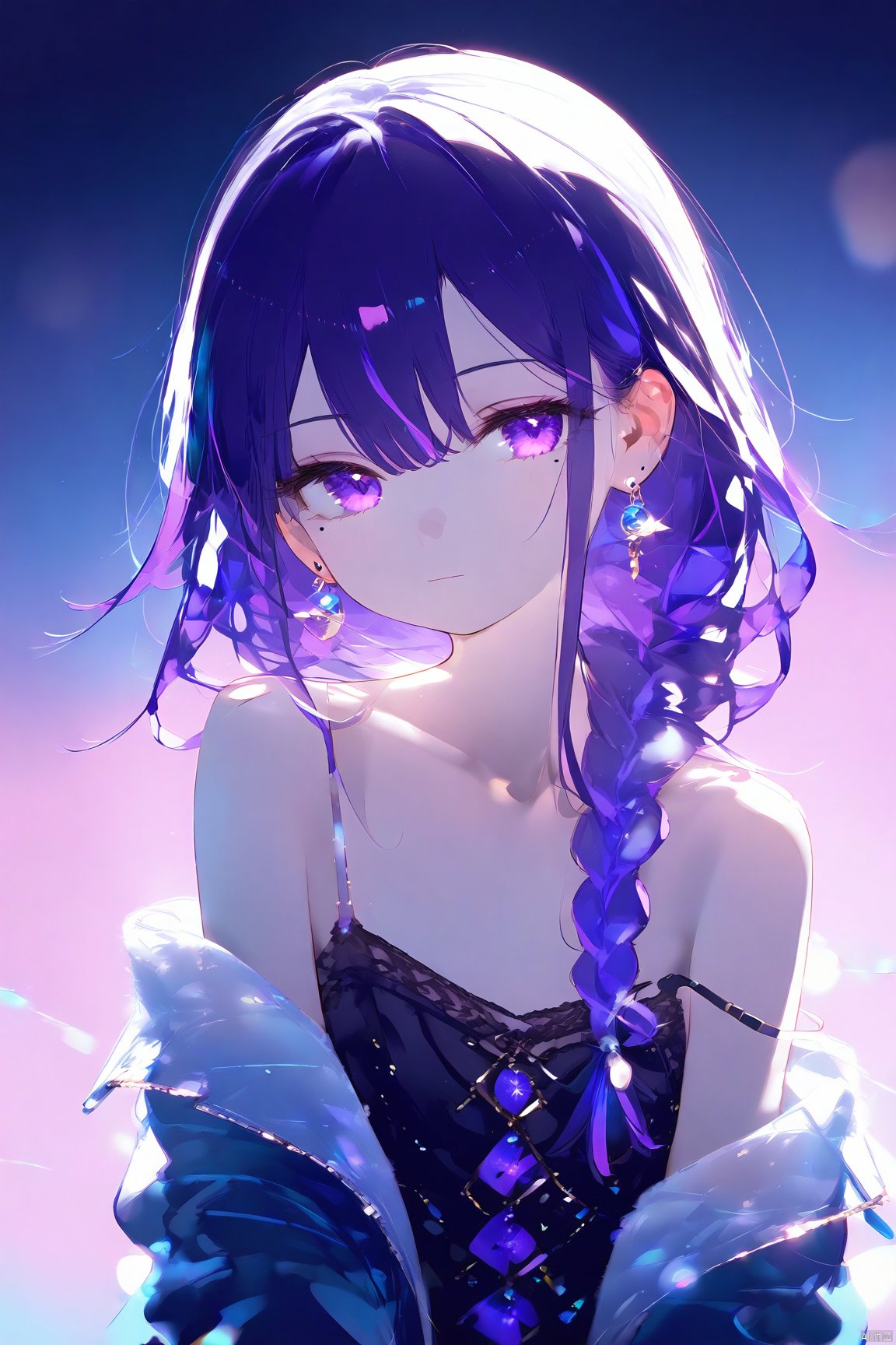 masterpiece,best quality,high quality,(colorful),loli,1girl,solo,long hair,looking at viewer,upper body,head tilt,blue theme,jacket,closed mouth,earrings,bare shoulders,off shoulder,jewelry,strap slip,collarbone,camisole,blue background,backlighting,pink background,multicolored hair,gradient background,simple background,hair between eyes,expressionless,spaghetti strap,blue jacket,shirt,sidelocks,glowing,Blur,float light, braid, mole, braided_ponytail, single_braid,purple hair,purple eyes,