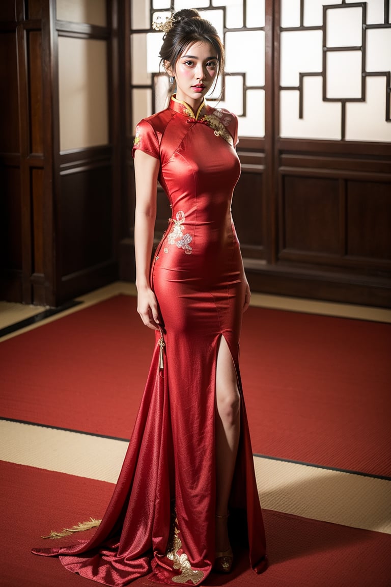 1 japanese girl, 185cm tall, solo,best resolution, dynamic poses, best quality, masterpiece, perfect face, juicey lip, white shiny skin, big bresat:1.7, looking at viewer, short black hair, gold hair ornament,((red color chinese wedding dress)), standing, flower,red color room,s-shape body:1.75,full body,Samme